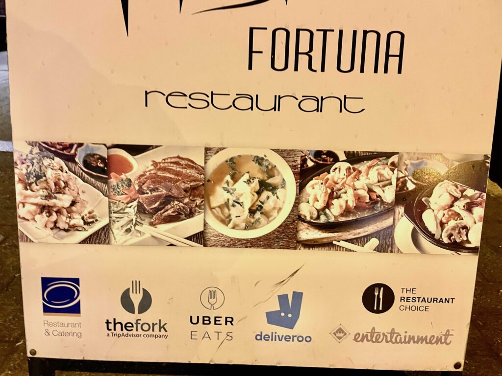 Fortuna restaurant advertising food delivery services. 